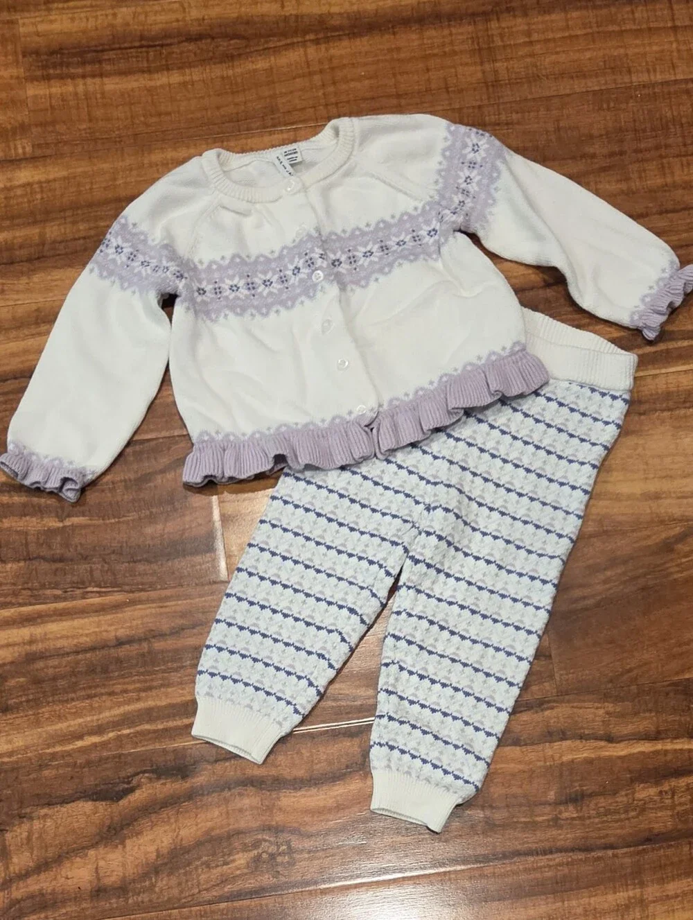 Janie and Jack EUC 18-24 months ivory and purple fair isle sweater and pants set